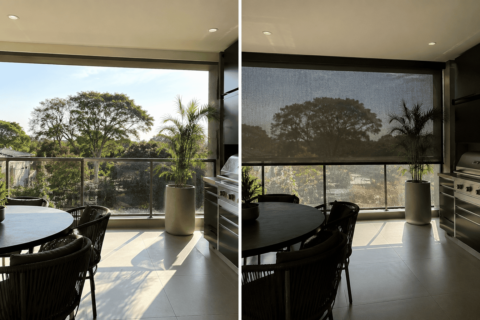 Antes e depois de varanda gourmet com Tela Solar instalada