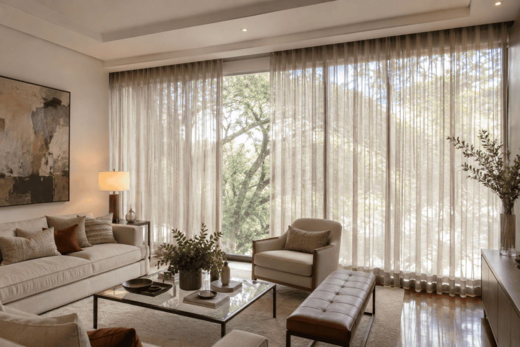 Cortina de Linho Motorizada em sala de estar elegante no bairro Floresta em Belo Horizonte