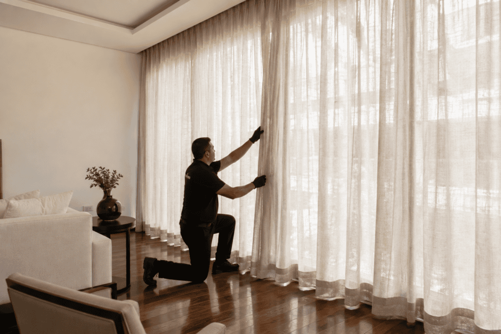 Técnico realizando instalação e ajuste de cortina de linho sob medida do teto ao chão em Belo Horizonte