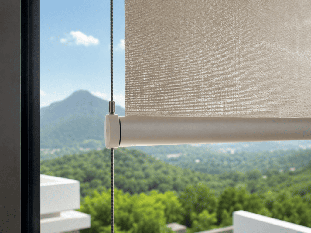 Persiana Rolô com cabo guia de aço inox instalada em janela com vista para a Serra em Belo Horizonte